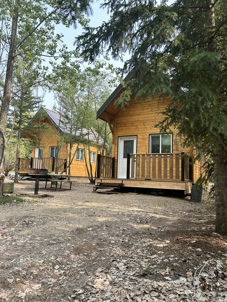 Brand-new wooden cabins with front porches among the trees